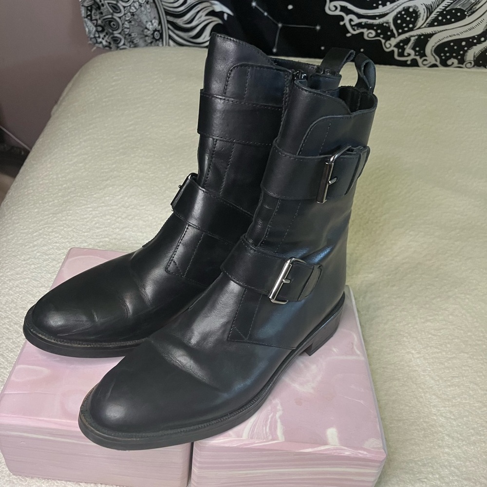 Emanuele Crasto Black Leather Buckle Combat Boots